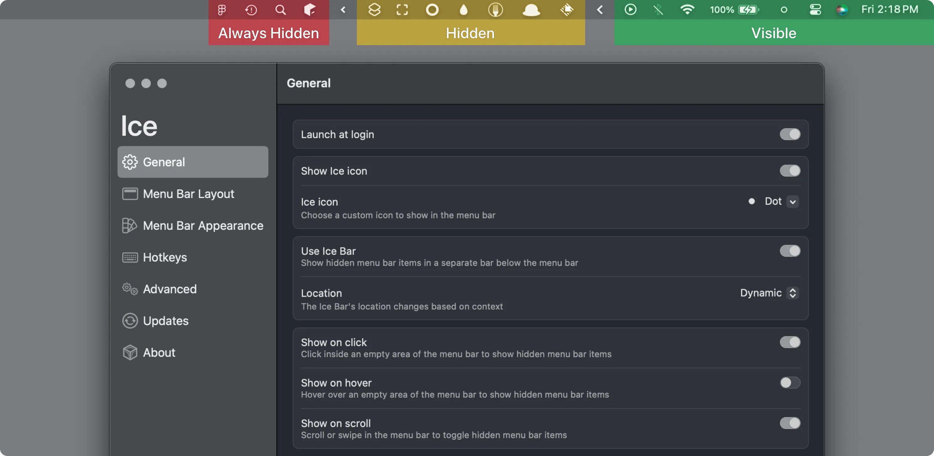 Ice in action: a clean menu bar with hidden icons accessible on demand.