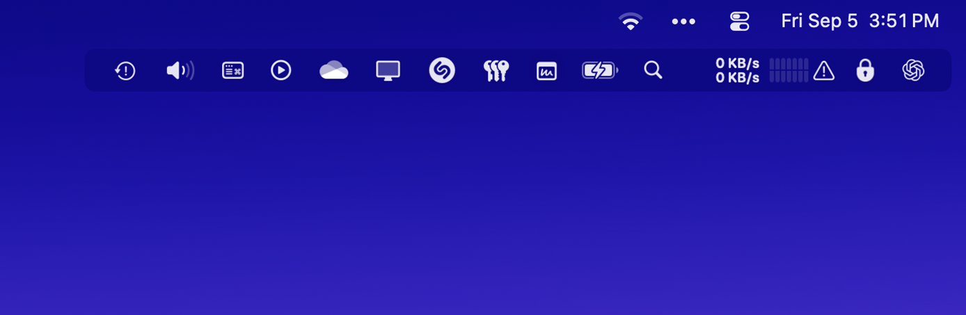 A cluttered macOS menu bar with a row of icons tucked under Bartender's hidden-icon dropdown.