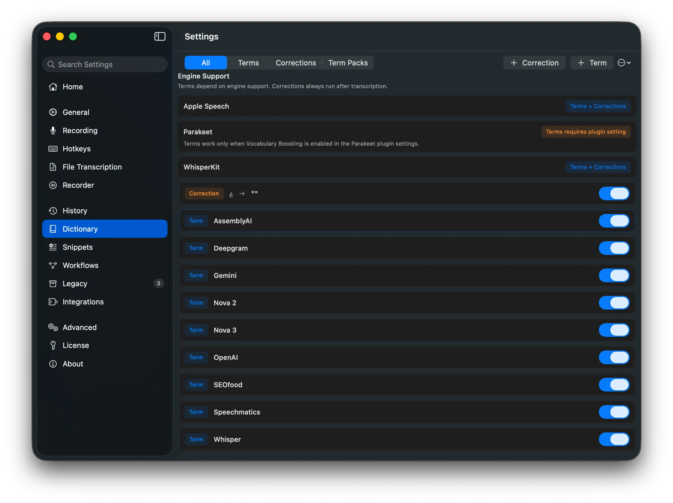 Custom dictionary handles proper nouns and project codes.
