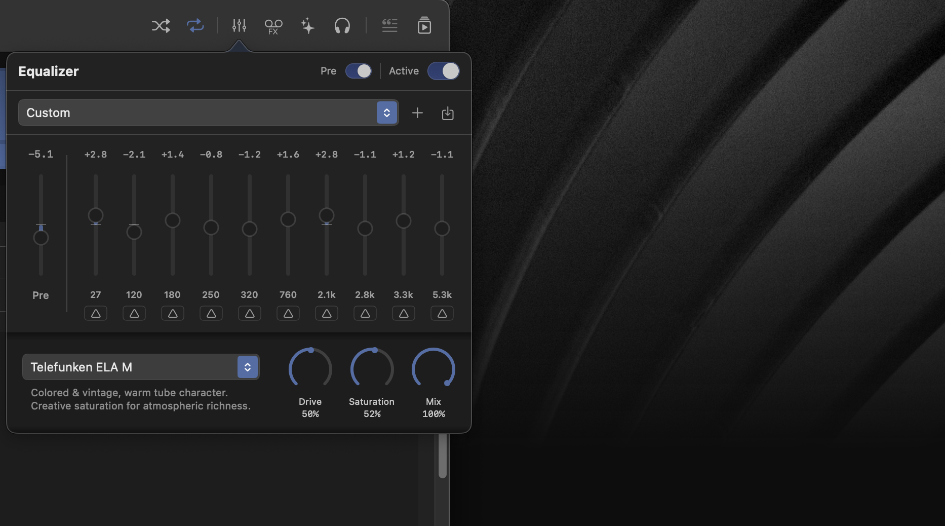 DSP settings panel with parametric EQ curves, headphone correction profiles, and bit-perfect playback indicators.