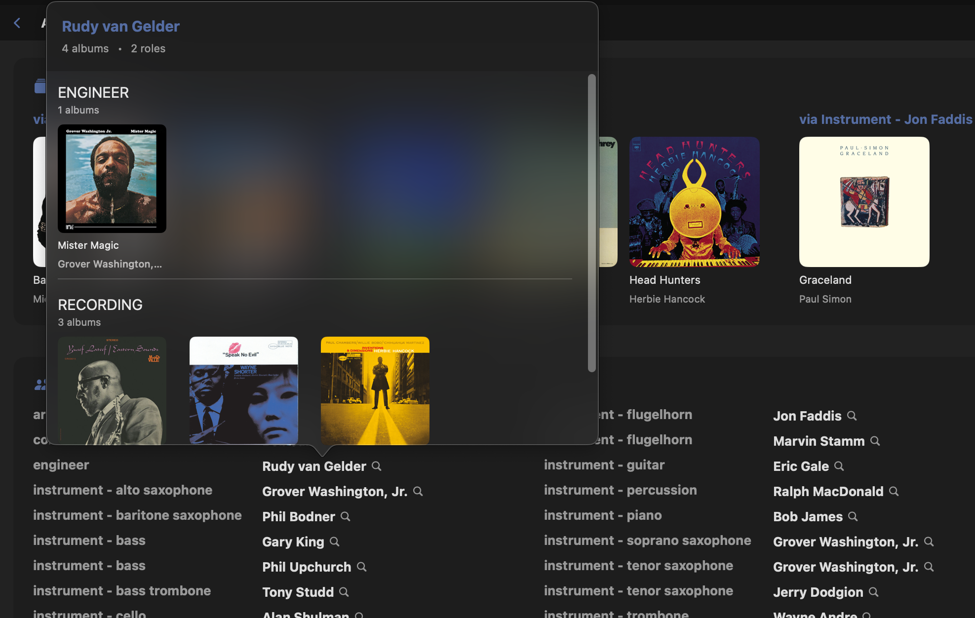 Graph-based search panel pivoting from an album to its label, artist, year, and tags.