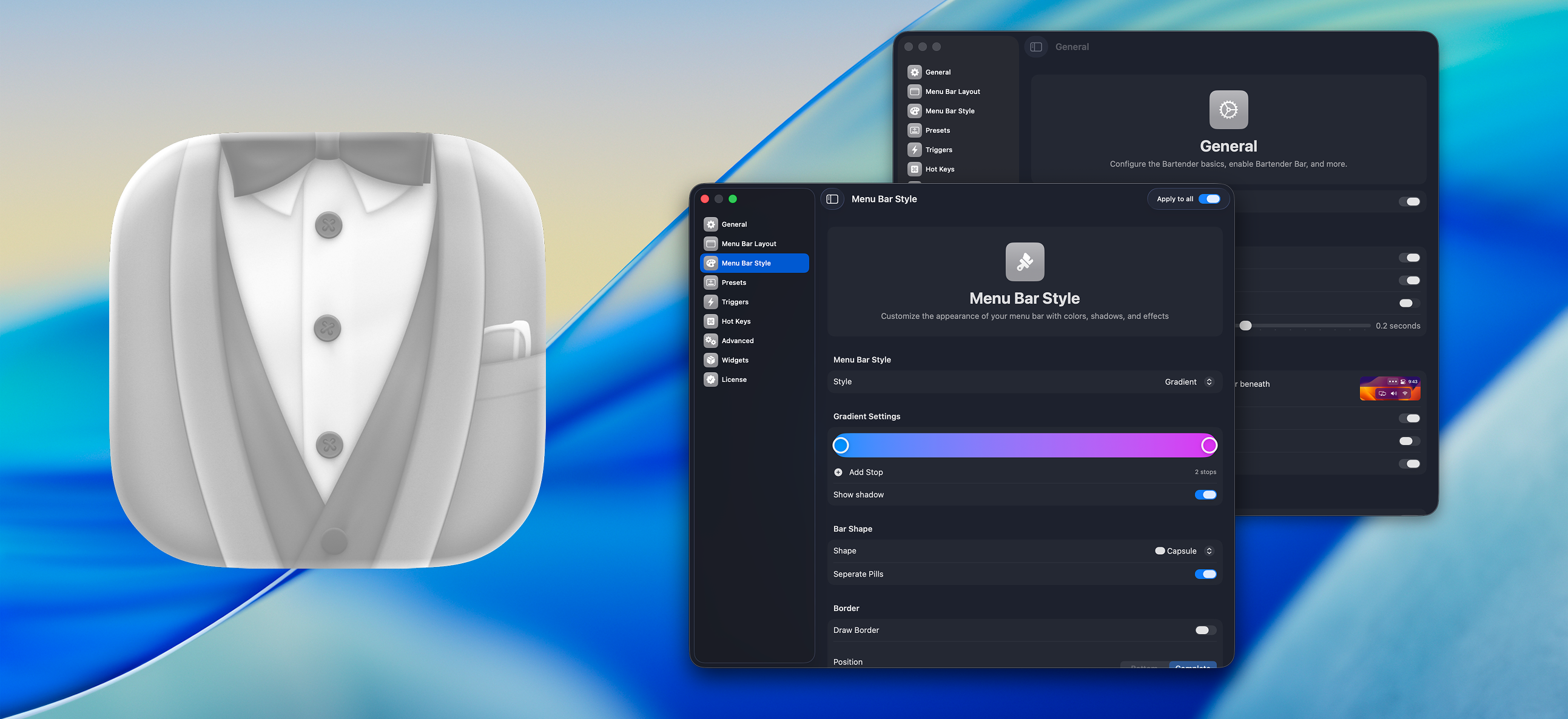 The Bartender 6 dynamic peninsula expanded around the MacBook notch, showing Now Playing and a charging widget.