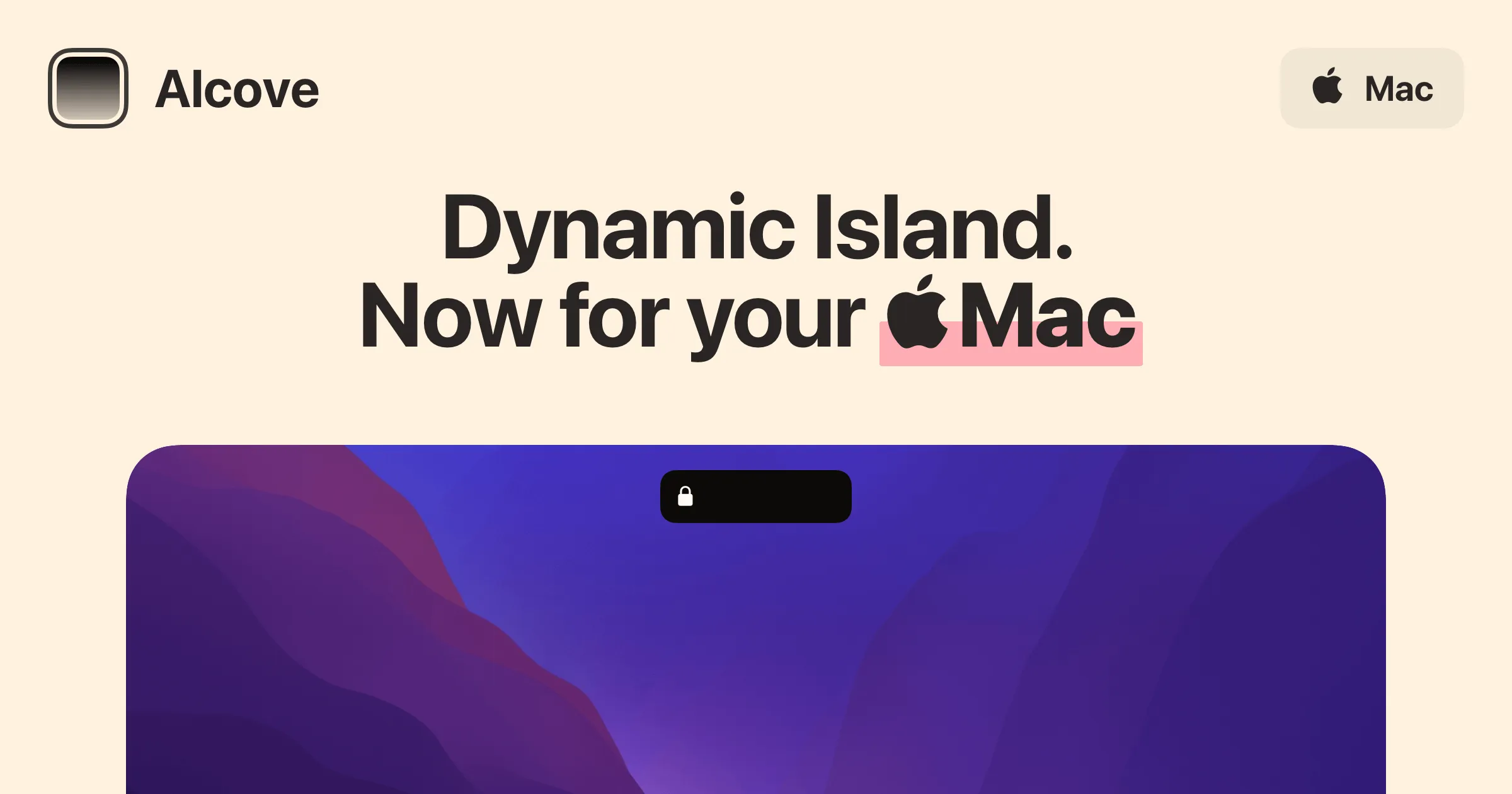 The Alcove widget unfurling from the MacBook notch with album art and playback controls