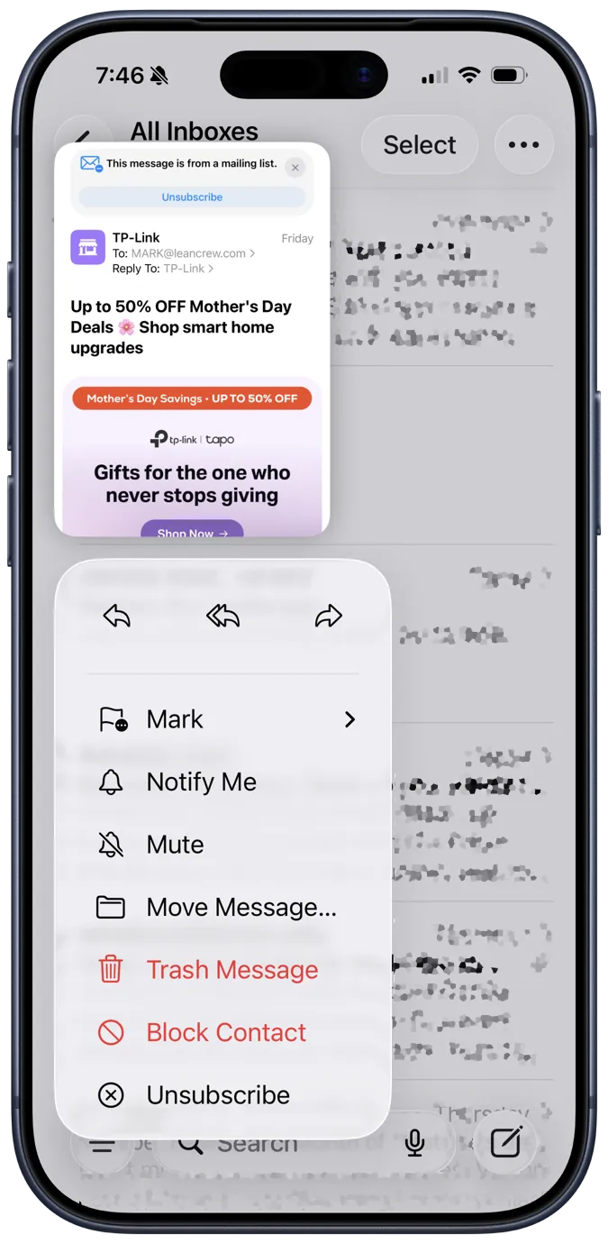 Block iOS Mail senders from list view
