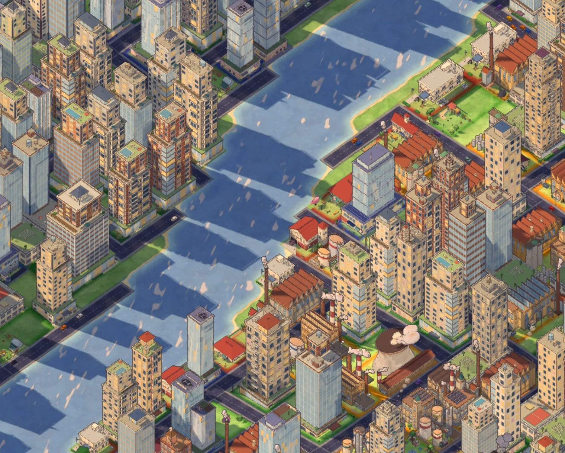 An isometric view of a dense riverfront city: tall apartment towers on the left throw long blue shadows across a river, while factories with striped chimneys and a cooling tower crowd the opposite bank.