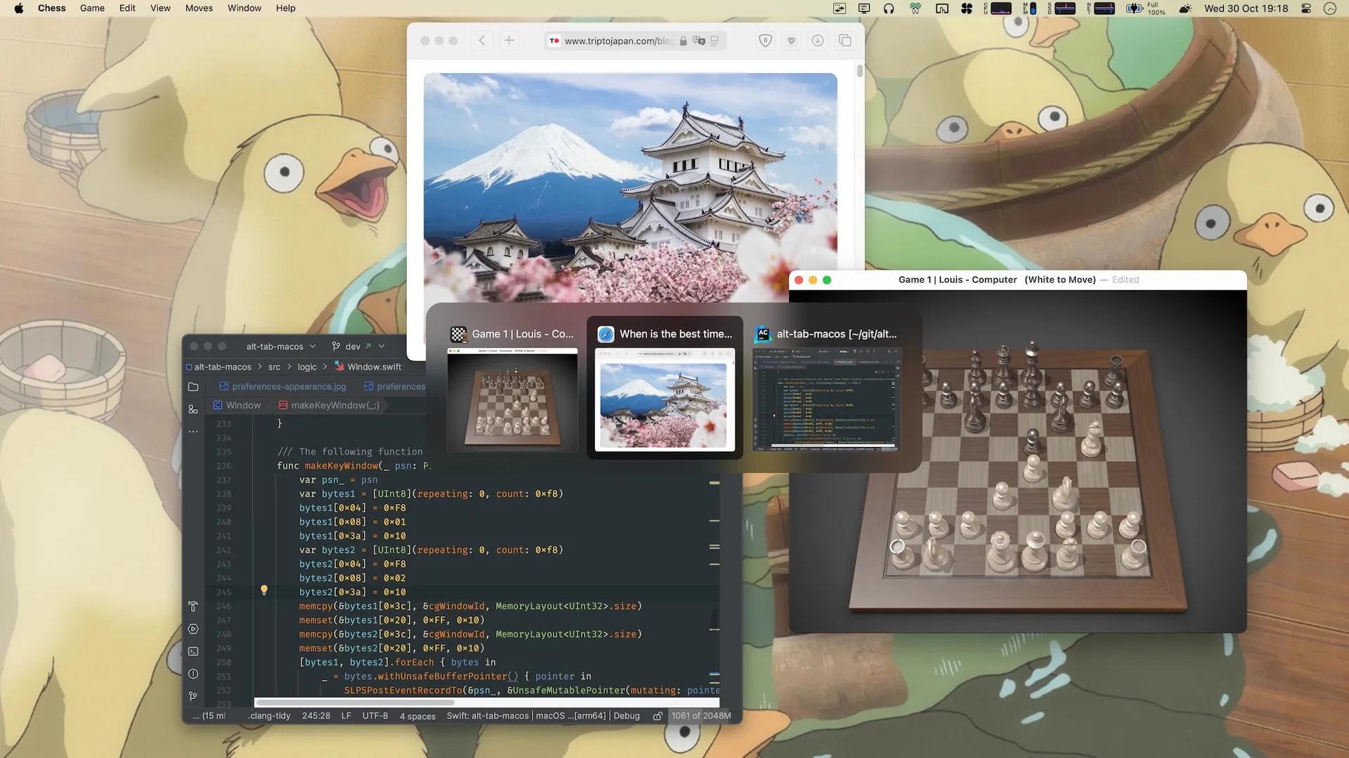AltTab's switcher showing live thumbnails of multiple windows across spaces