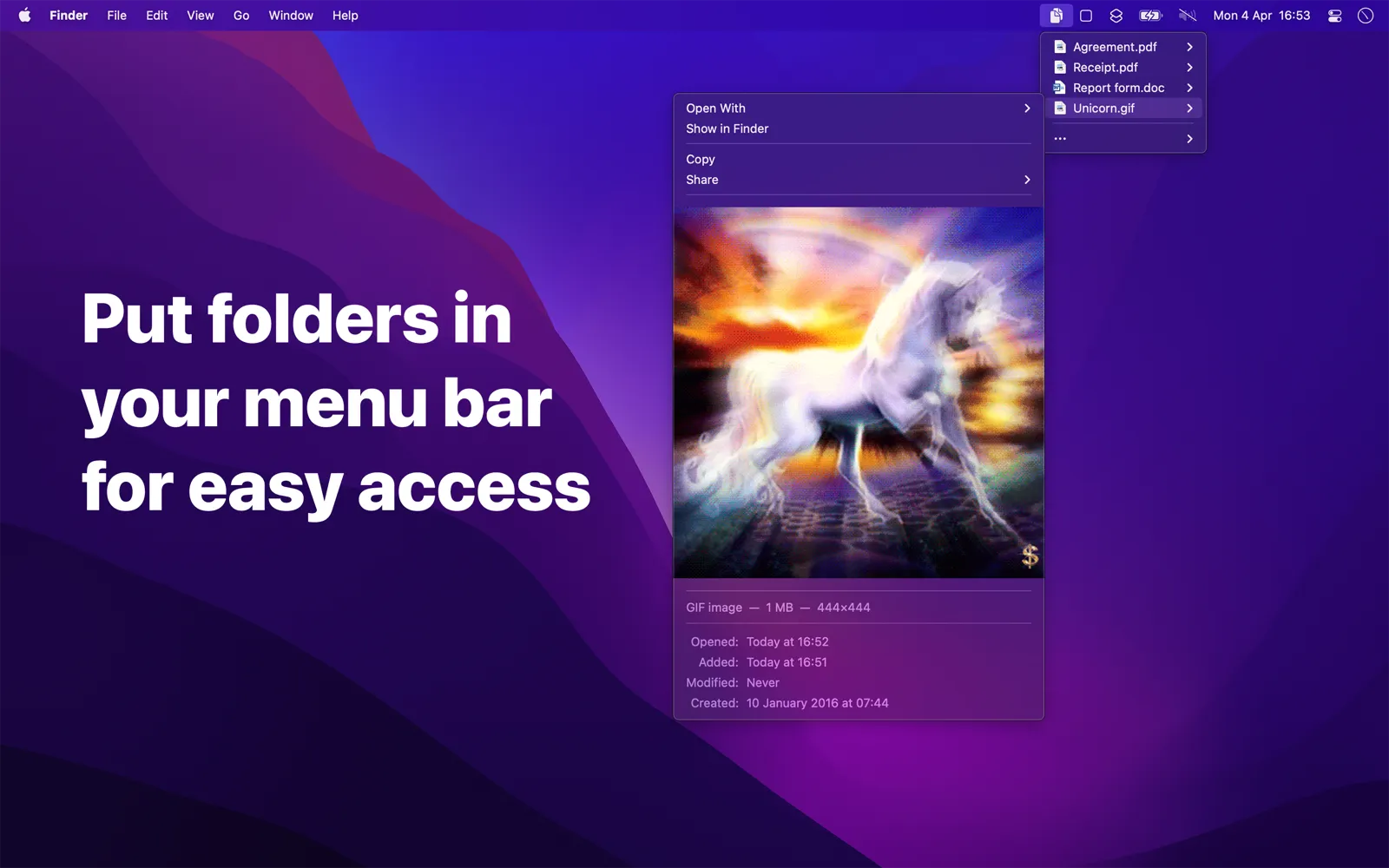 Pinned folders open as menu-bar panels with thumbnails and search.