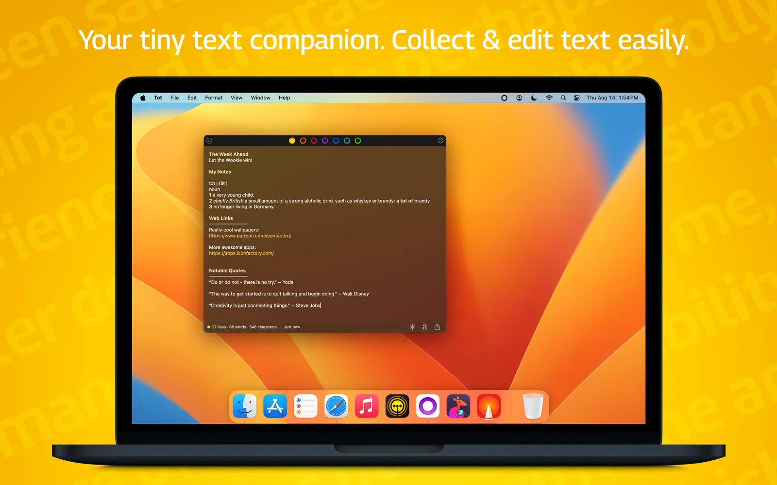 Seven dots are tabs across the top of the editor — and the same seven in the menu bar.
