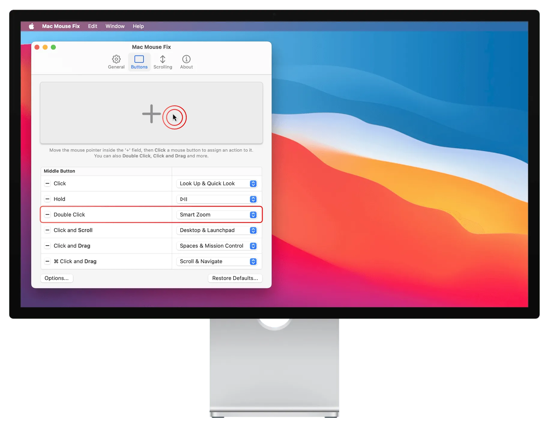 Mac Mouse Fix's preferences mapping mouse buttons to trackpad gestures