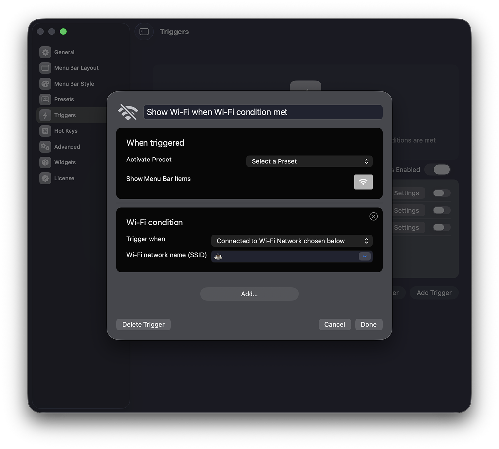 Bartender 6's Triggers configuration sheet for running actions when an app launches or battery drops below a threshold.